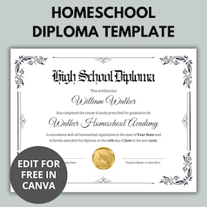 Editable Homeschool Diploma Template | Homeschool Diploma | High School Diploma | Printable Diploma | Canva Template |Graduation Certificate