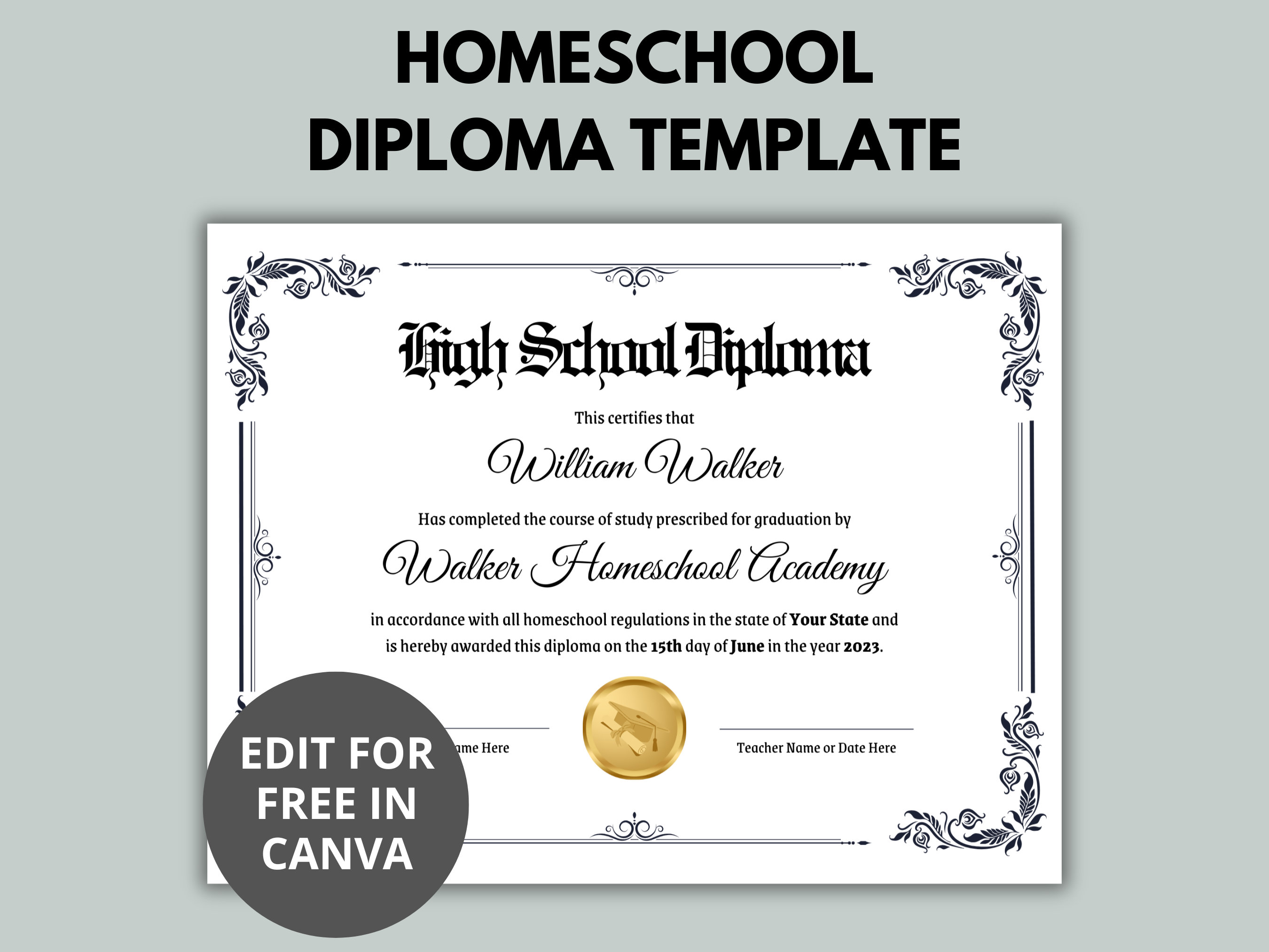 Editable Homeschool Diploma Template | Homeschool Diploma | High School ...