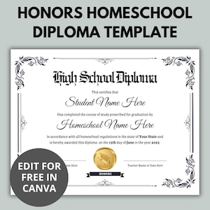 Bearbeitbare Honours Homeschool Diploma Vorlage | Abitur | Abitur | Ausdruckbares Diplom | Canva Vorlage | Goldsiegel
