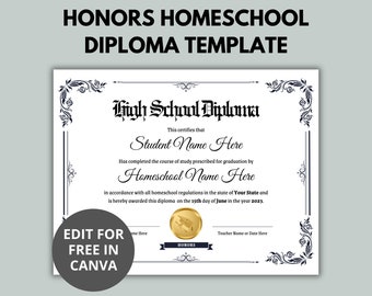 Editable Honors Homeschool Diploma Template | Homeschool Diploma | High School Diploma | Printable Diploma | Canva Template | Gold Seal