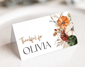 Thanksgiving Place Card TEMPLATE, Friendsgiving Table Card Printable, Fall Autumn Floral Pumpkins, Canva Template, T1