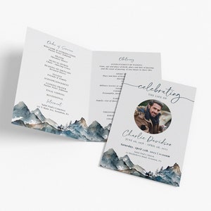 Funeral Program Template Mountain, 4 Page Bifold Obituary, Funeral Order of Service for Hiker, Celebration of Life Memorial