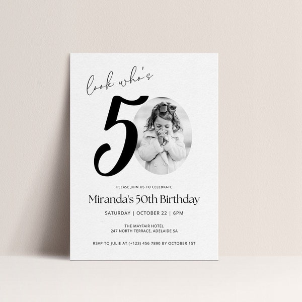50th Birthday Invitation TEMPLATE, Look Who's 50, Photo Birthday Invite with Photo, Editable Template, Black and White 50th, Male or Female