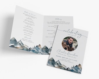 Funeral Program Template Mountain, 4 Page Bifold Obituary, Funeral Order of Service for Hiker, Celebration of Life Memorial