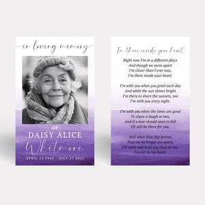 Purple Memorial Card TEMPLATE for Woman, Funeral Favors, Printable Prayer Card, Wallet Obituary Card, Celebration of Life, F9
