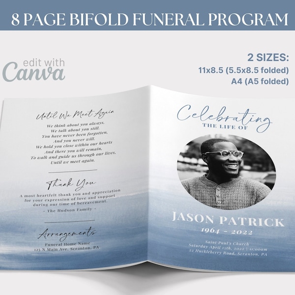 8 Page Bifold Funeral Program TEMPLATE, Blue Watercolor Celebration of Life, Ocean Memorial Program, Order of Service Obituary Booklet