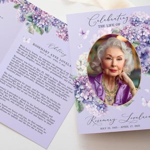 4 Page Bifold Funeral Program TEMPLATE, Purple Flowers with Butterflies, Celebration of Life Order of Service, Memorial Program Obituary, F1