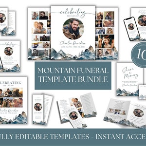 Mountain Funeral Template Bundle, Memorial Stationery Set, Edit Yourself Template Bundle, Celebration of Life Funeral Set, Canva Template