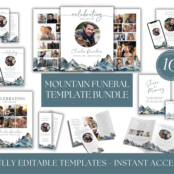 Mountain Funeral Template Bundle, Memorial Stationery Set, Edit Yourself Template Bundle, Celebration of Life Funeral Set, Canva Template
