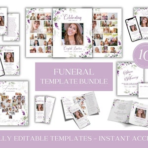 Lavender Funeral Template Bundle, Purple Floral Memorial Stationery Set, Edit Yourself Template Bundle, Celebration of Life Funeral Set