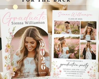Floral Graduation Announcement, Spring Graduation Party Invitation: Canva Template (Digital Download)