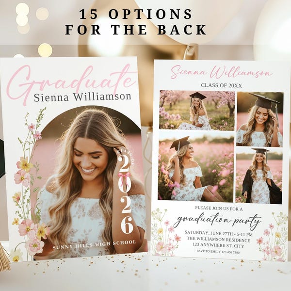 Floral Graduation Announcement, Spring Graduation Party Invitation: Canva Template (Digital Download)