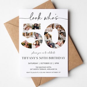 50th Birthday Invitation TEMPLATE with photo collage, Look Who&#39;s 50, Fiftieth Party Stationery, Black and White Minimalist, Modern Invite