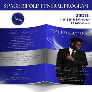 8 Page Bifold Funeral Program TEMPLATE, Blue and Silver, Celebration of Life Booklet, Memorial Brochure, Self Edit Canva Template