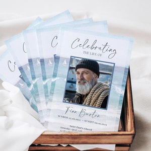 Funeral Program TEMPLATE for Fisherman, 4 Page Bifold Obituary, Funeral Order of Service ocean theme, Celebration of Life Memorial 4 Page