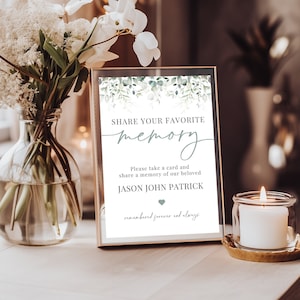 Share a Memory Sign and Card TEMPLATE with Greenery, Funeral Table Decor, Guest Book Alternative for Celebration of Life