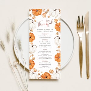 Thanksgiving Dinner Menu TEMPLATE printable, Editable Friendsgiving Menu, Dinner Party Decor, Fall Autumn Floral Pumpkin, Canva Template, T7