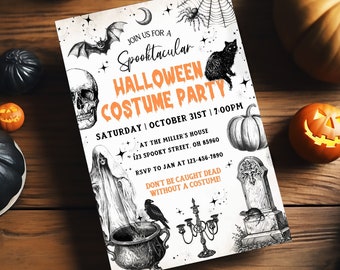 May include: A black and white Halloween party invitation with a spooky theme. The invitation features a skull, a ghost, a raven, a cauldron, a candelabra, a tombstone, a spider web, a spider, a bat, a cat, and a pumpkin. The text on the invitation reads "Join us for a Spooktacular Halloween Costume Party" and includes the date, time, and location of the party. RSVP to Jan at 123-456-7890. Don't be caught dead without a costume!