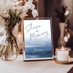 Blue Share a Memory Sign and Card TEMPLATE, Masculine Memorial Sign, Editable Funeral Stationery, Celebration of Life Template for Men