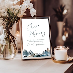 Share a Memory Sign and Card TEMPLATE Mountain, Funeral Guest Book Signage, Memorial Poster,Celebration of Life Template for Men Hiker