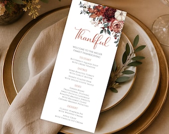 Thanksgiving Dinner Menu TEMPLATE printable, Editable Friendsgiving Menu, Dinner Party Decor, Fall Autumn Floral Pumpkin, Canva Template, T9