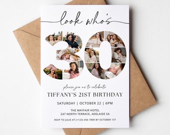 30th Birthday Invitation TEMPLATE with photo collage, Look Who's 30, Thirtieth Party Stationery, Black and White Minimalist, Modern Invite
