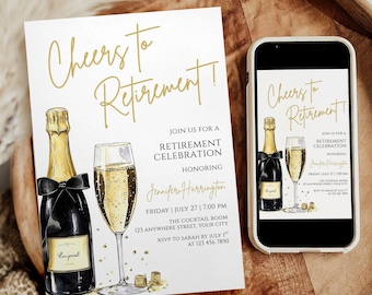 Retirement Party Invitation, Digital Phone Evite, Modern Elegant Invite with Champagne Bottle Glass, Canva Template (Digital Download)