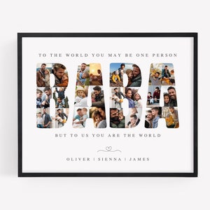 Puede incluir: Un collage de fotos enmarcado con la palabra "BABA" deletreada usando fotos de un hombre con sus hijos. El texto "Para el mundo puedes ser una sola persona, pero para nosotros eres el mundo" está impreso sobre el collage. Los nombres "Oliver, Sienna, James" están impresos debajo del collage.