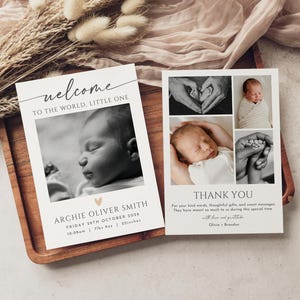 May include: Two baby announcement cards. One card says "welcome to the world, little one" with a photo of a sleeping baby. The other card says "thank you" with baby photos. The baby's birth details are included.