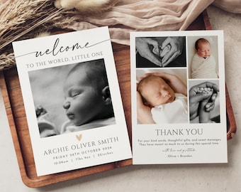 May include: Two baby announcement cards. One card says "welcome to the world, little one" with a photo of a sleeping baby. The other card says "thank you" with baby photos. The baby's birth details are included.