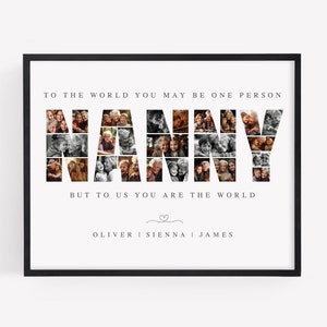 Peut inclure: Un collage photo noir et blanc de photos de famille épellant le mot "NANNY". Le texte sous le collage dit "Pour le monde, vous êtes peut-être une seule personne, mais pour nous, vous êtes le monde." Les noms Oliver, Sienna et James sont listés sous le texte.