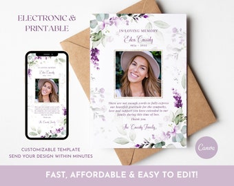 Lavender Bereavement Card TEMPLATE, Purple Funeral Thank You Card, Electronic Thank You Text, Digital 7x5 Printable, Phone Memorial Card