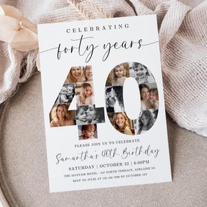 40th Birthday Invitation TEMPLATE with photo collage, Celebrating 40 Years, Fortieth Party Invite Stationery Printable, Canva Template
