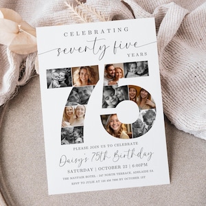 May include: A white invitation card with a black and white photo collage of a 75th birthday celebration. The invitation reads "Celebrating seventy five years" and "Daisy's 75th Birthday".