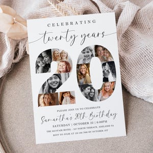 20th Birthday Invitation TEMPLATE with photo collage, Celebrating 20 Years, Twentieth Party Invite Stationery Printable, Canva Template