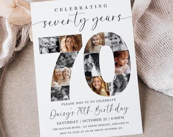 70th Birthday Invitation TEMPLATE with photo collage, Celebrating 70 Years, Seventieth Party Invite Stationery Printable, Canva Template