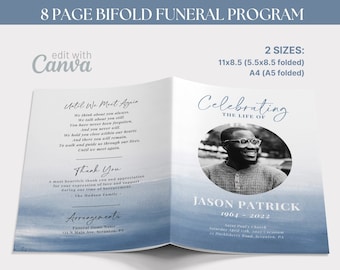 8 Page Bifold Funeral Program TEMPLATE, Blue Watercolor Celebration of Life, Ocean Memorial Program, Order of Service Obituary Booklet