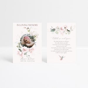 Pink Rose Funeral Memorial Card Template, Funeral Favors, Printable Prayer Card, Double Sided Funeral, Obituary Card, Celebration of Life