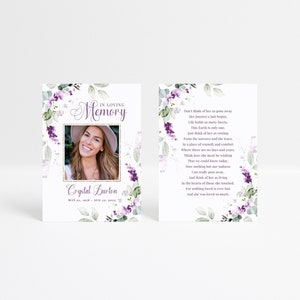 Lavender Memorial Card TEMPLATE, In Loving Memory, Purple Floral Prayer Card, Double Sided Obituary Card, Female Funeral Card, Funeral Favor