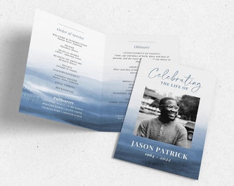 Blue Celebration of Life Funeral Program TEMPLATE for Male, Blue Watercolor Bifold Program, Order of Service Obituary Booklet for Man