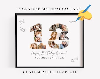 18th Birthday Photo Collage Poster TEMPLATE with room for messages, Customizable Photo Collage Board Eighteen, Signature Birthday Sign