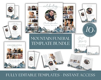 Mountain Funeral Template Bundle, Memorial Stationery Set, Edit Yourself Template Bundle, Celebration of Life Funeral Set, Canva Template