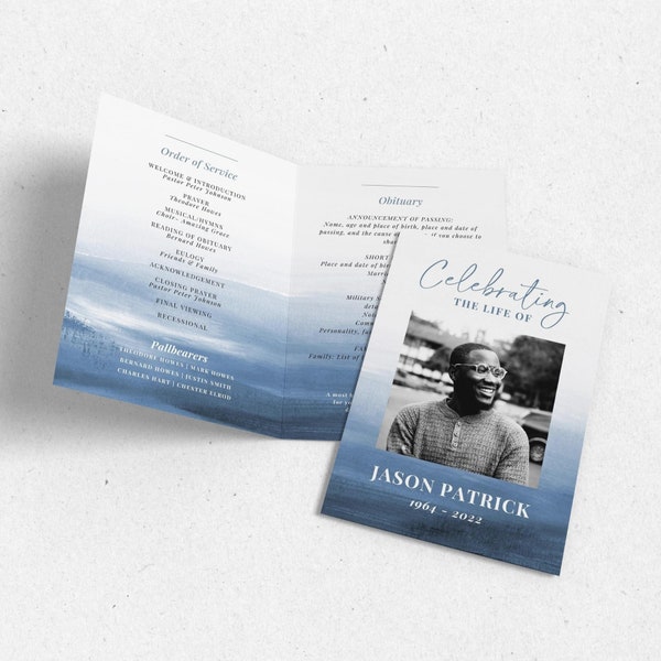 Blue Celebration of Life Funeral Program TEMPLATE for Male, Blue Watercolor Bifold Program, Order of Service Obituary Booklet for Man