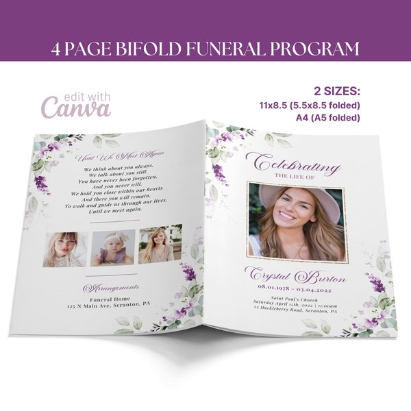 4 Page Bifold Funeral Program TEMPLATE, Lilac Celebration of Life, Floral Memorial Booklet, Order of Service Obituary for Woman