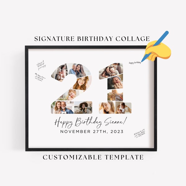21st Birthday Photo Collage Poster TEMPLATE with room for messages, Customizable Photo Collage Board Twenty One, Signature Birthday Sign