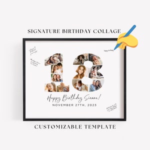 18th Birthday Photo Collage Poster TEMPLATE with room for messages, Customizable Photo Collage Board Eighteen, Signature Birthday Sign