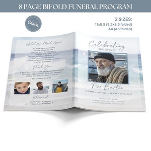 8 Page Bifold Funeral Program TEMPLATE for Fisherman, Celebration of Life Ocean Theme, Memorial Booklet, Order of Service Obituary for Men