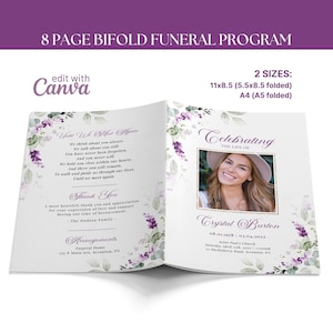 8 Page Bifold Funeral Program TEMPLATE, Lilac Celebration of Life, Floral Memorial Booklet, Order of Service Obituary for Woman