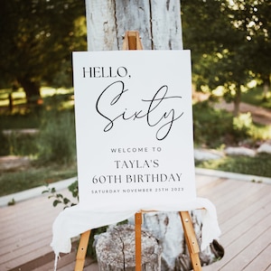 60th Birthday Photo Sign TEMPLATE mimimalist, Hello 60, Customizable Photo Board 60th, Simple Party Sign, Canva Digital Download DIY
