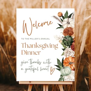 Thanksgiving Dinner Party Welcome Sign TEMPLATE, Thanksgiving Entrance Poster, Autumn Fall Floral Pumpkins, Editable Canva Template, T1